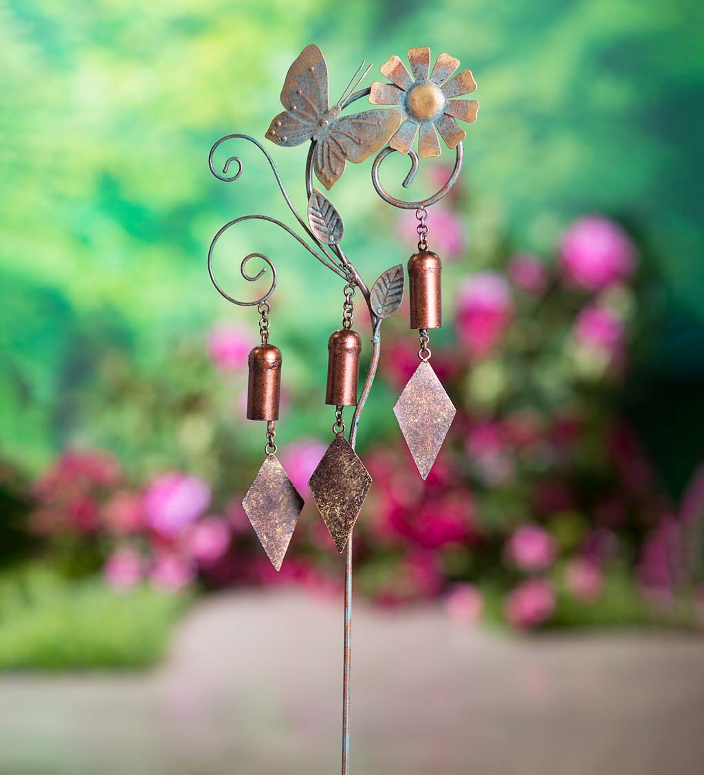 Handcrafted Metal Butterfly and Bells Garden Stake Wind Chime
