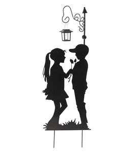 Metal Boy and Girl Silhouette Garden Stake with Solar Lantern