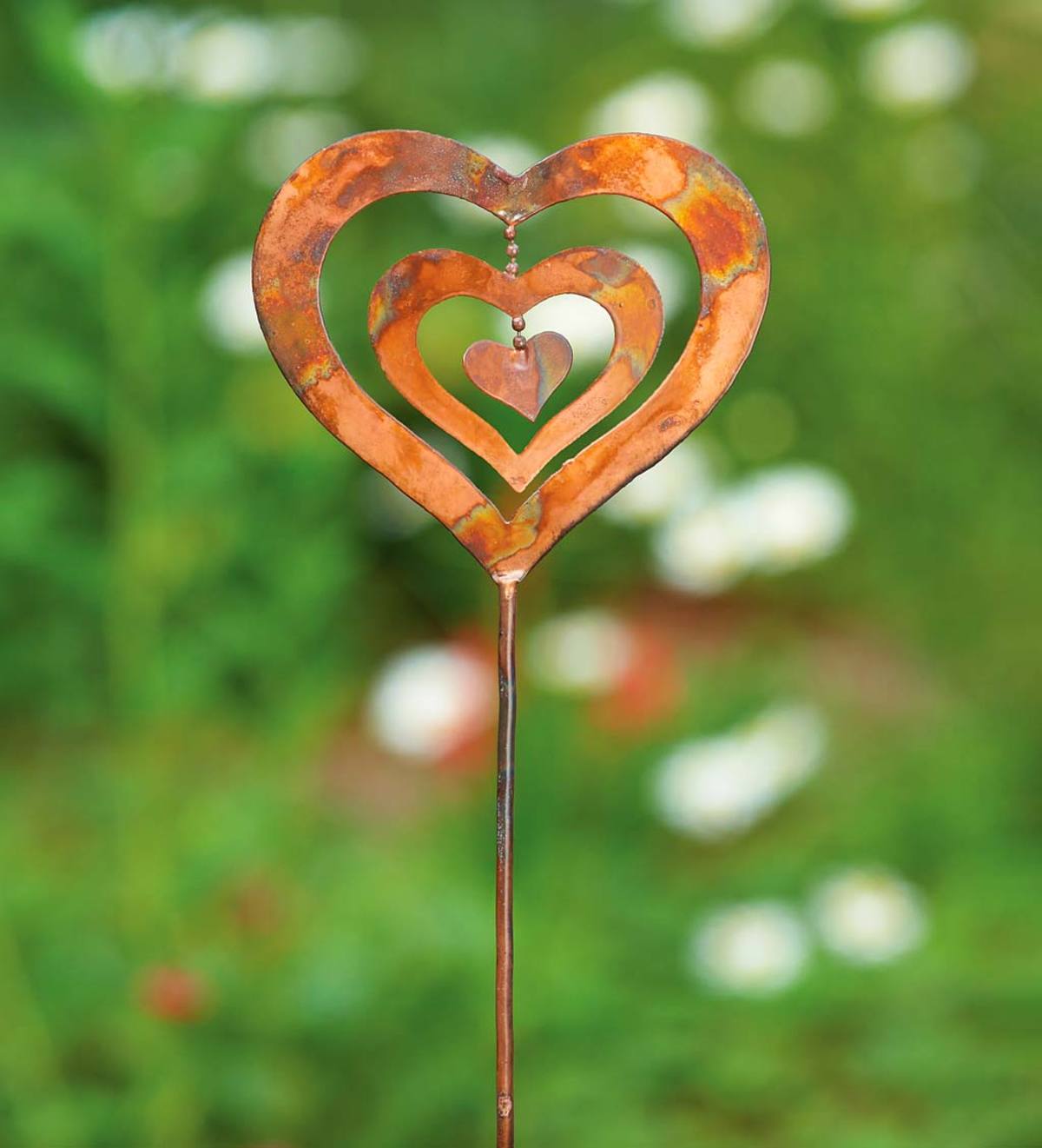 Flamed Copper Spinning Triple Heart Garden Stake