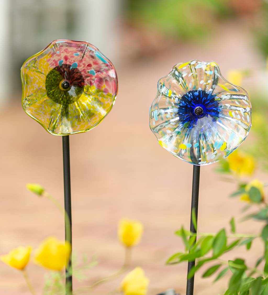 10 Handcrafted Blown Glass Flower With Metal Garden Stake - Brown