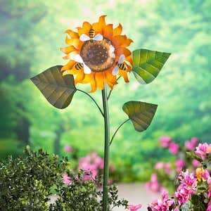 Handcrafted Metal Sunflower Garden Stake with Three Busy Bees