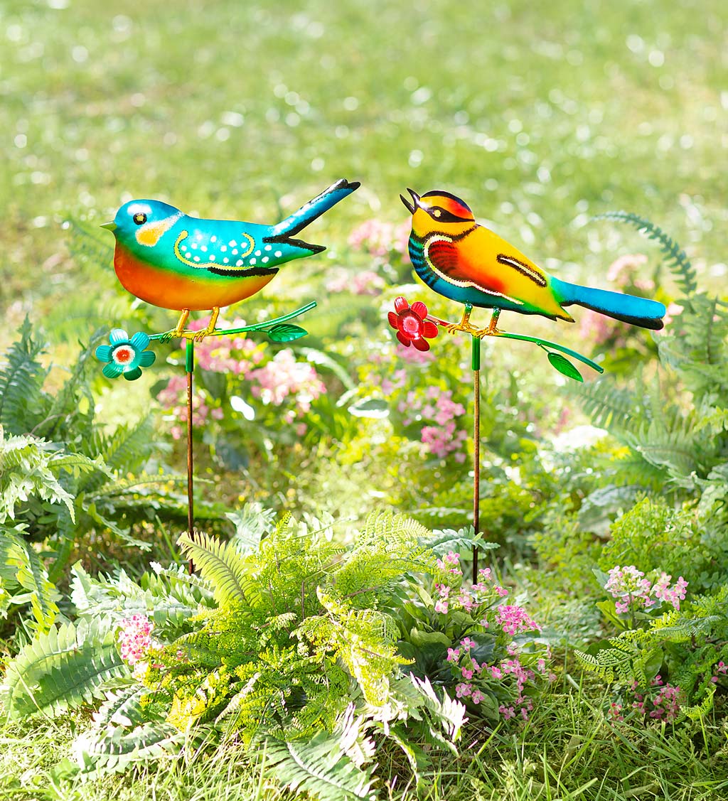 Handcrafted Colorful Metal Songbird Garden Stakes, Set of 2