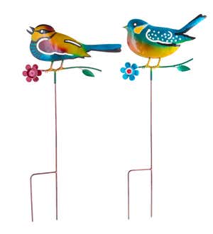 Handcrafted Colorful Metal Songbird Garden Stakes, Set of 2