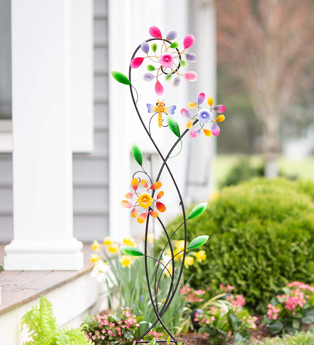 Colorful Garden Trellis with Three Spinning Flowers