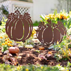 Metal Pumpkin Silhouette Garden Stake with Rust-Like Finish