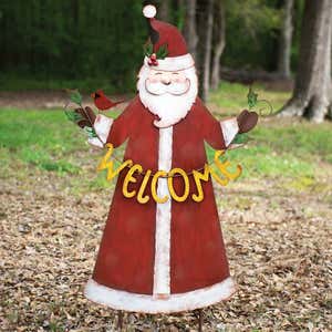 Metal Santa Garden Stake with Welcome Banner and Visiting Cardinal
