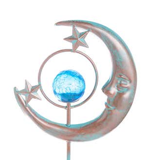 Crescent Moon Garden Stake with Glowing Glass Globe