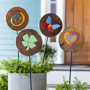 Teak Wood Stained Glass Spiral Garden Stake