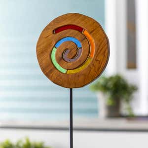 Teak Wood Stained Glass Spiral Garden Stake