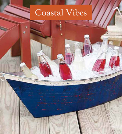 Image of Handcrafted Blue and White Metal Boat Planter/Container. Coastal Vibes
