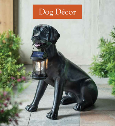 Image of Black Labrador Dog Statue Holding A Solar Lantern. Dog Decor