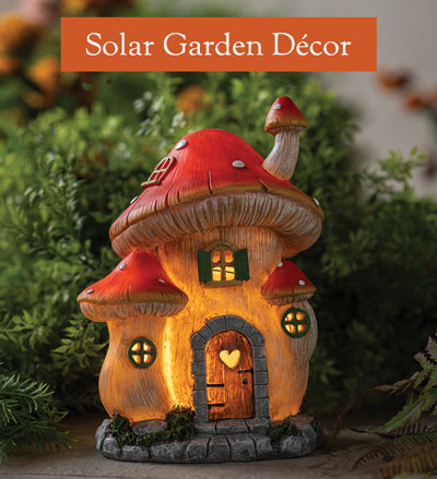 Image of Solar Lighted Mushroom Fairy House - Solar Garden Decor