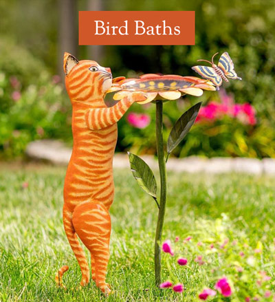 Image of Metal Cat and Sunflower Birdbath. Birdbaths
