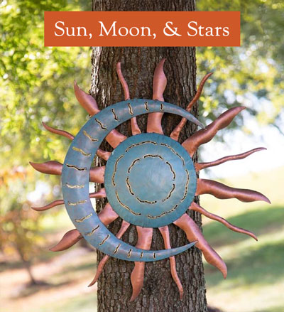 Image of Handcrafted Blue and Copper-Colored Recycled Metal Moon and Sun Wall Art - Celestial