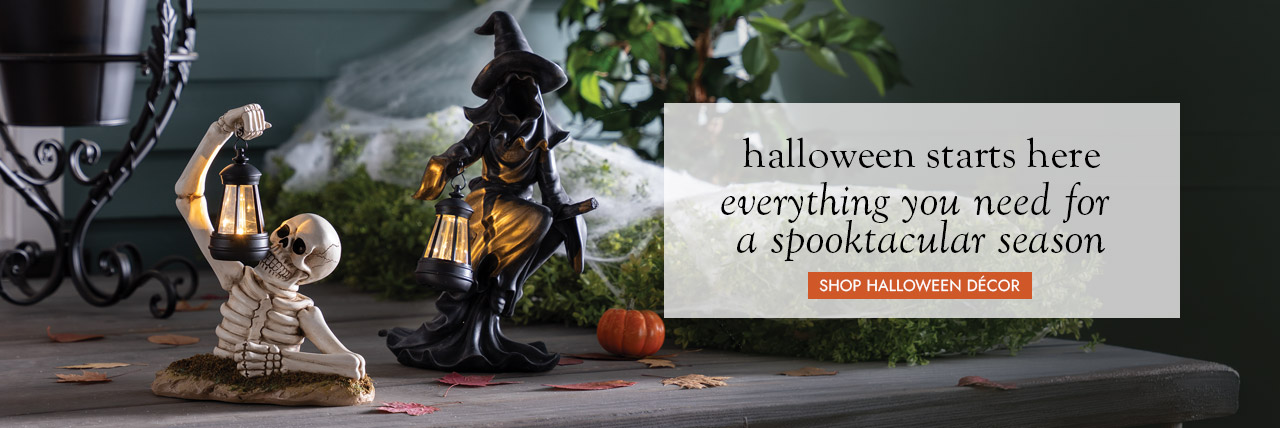 image of skeleton and witch - halloween starts here everything you need for a spooktacular season SHOP HALLOWEEN DECOR