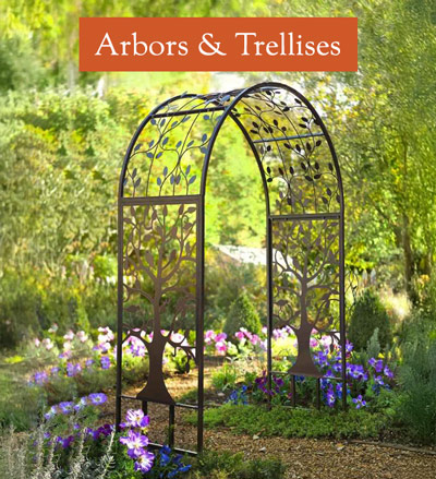 Image of Metal Arched Garden Arbor with Tree of Life Design. Arbors & Trellises