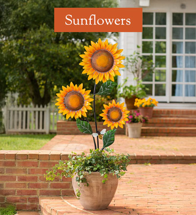 Image of Handcrafted Metal Three Sunflower Garden Stake with Visiting Bee. Sunflowers