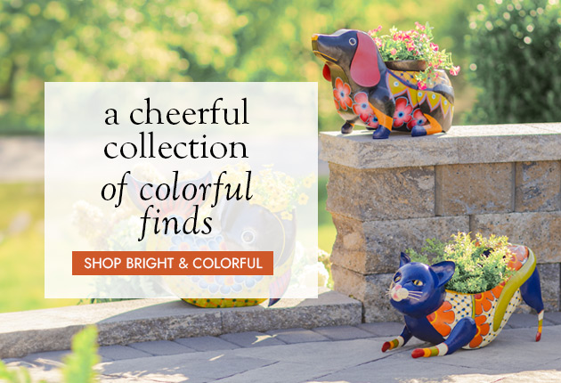 Image of Colorful Cat Planter, Colorful Dog Planter and Colorful Fish Planter. a cheerful collection of colorful finds for home & garden. SHOP BRIGHT & COLORFUL