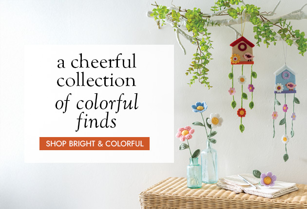 Image of Set of 4 Knitted Flowers and Set of 2 Knit Birdhouse Mobiles. a cheerful collection of colorful finds for home & garden. SHOP BRIGHT & COLORFUL