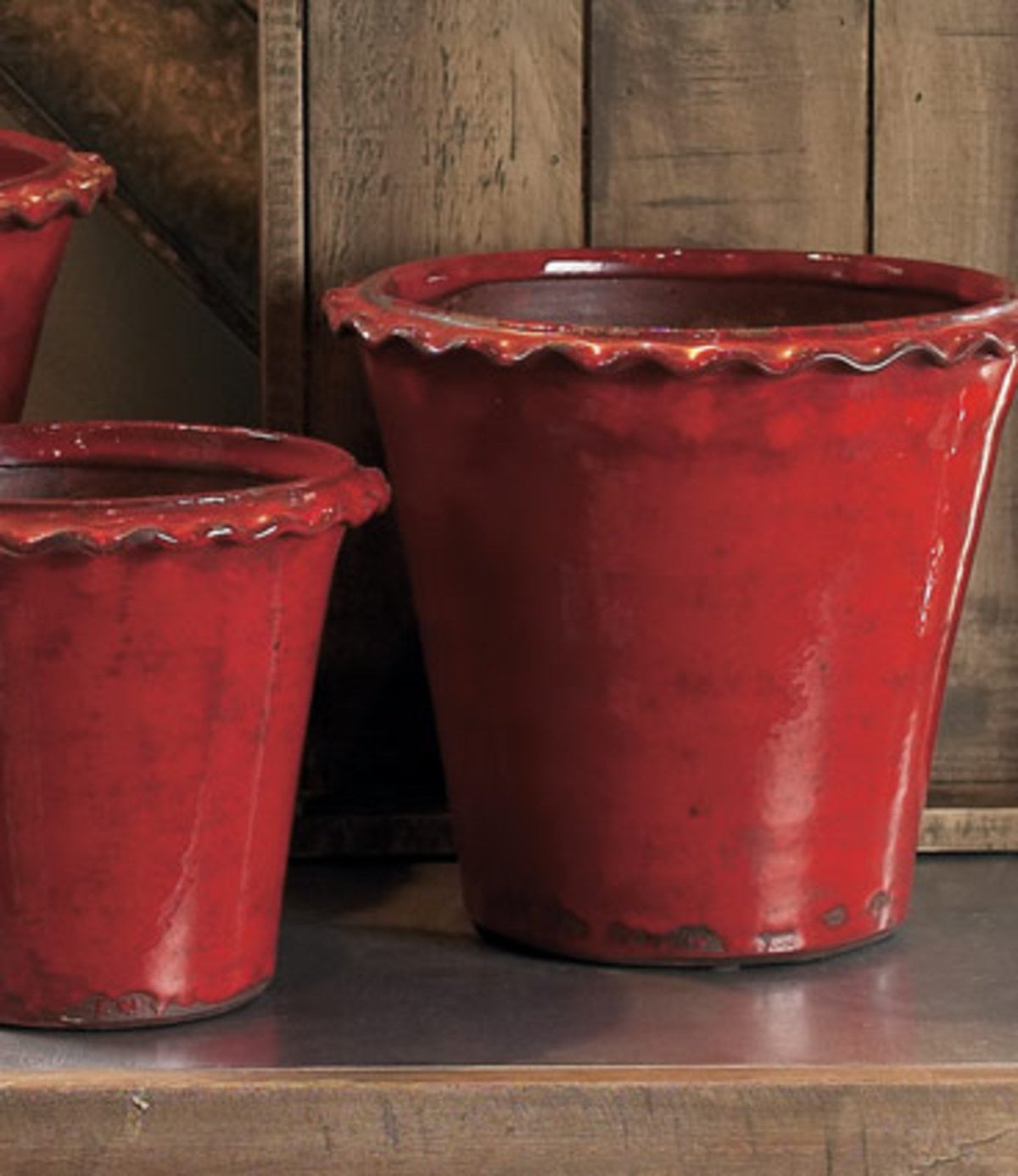 Fluted-Edge Cachepots, set of 3 - Red