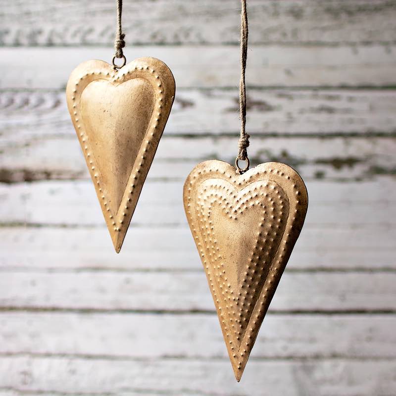Hanging Antique Brass Metal Hearts (set of 2)