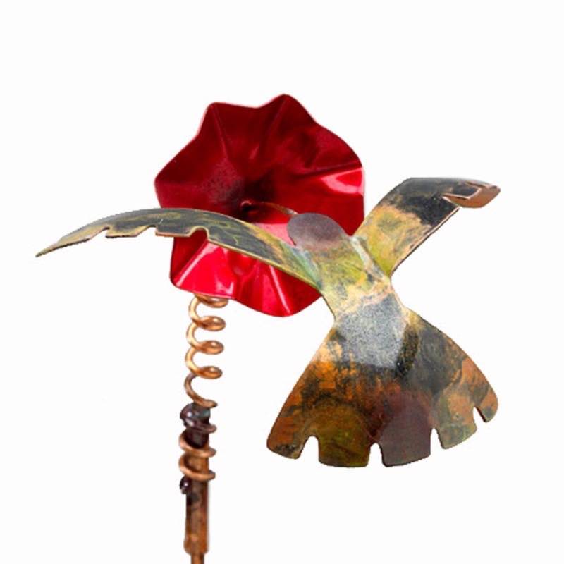 Colorful Copper Hummingbird With Flower Garden Stake