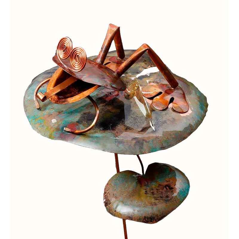 Handcrafted Small Copper Frog on Lily Pad Garden Stake