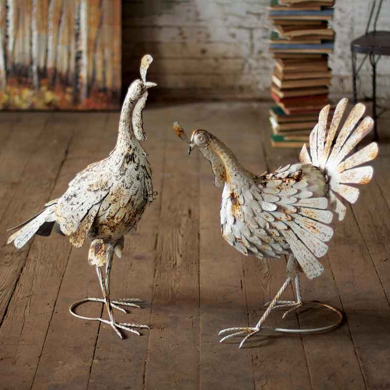 Rustic Metal Turkeys with Weathered White Finish, Set of 2