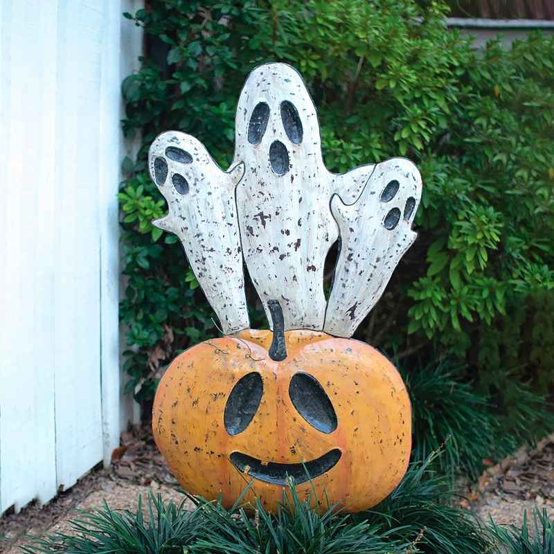 Halloween Ghosts and Pumpkin Handcrafted Metal Yard Stake