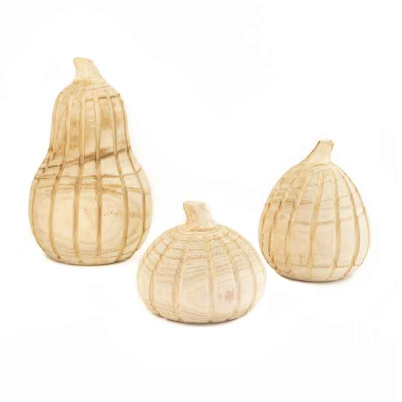 Carved Wood Pumpkins with Natural Finish, Set of 3