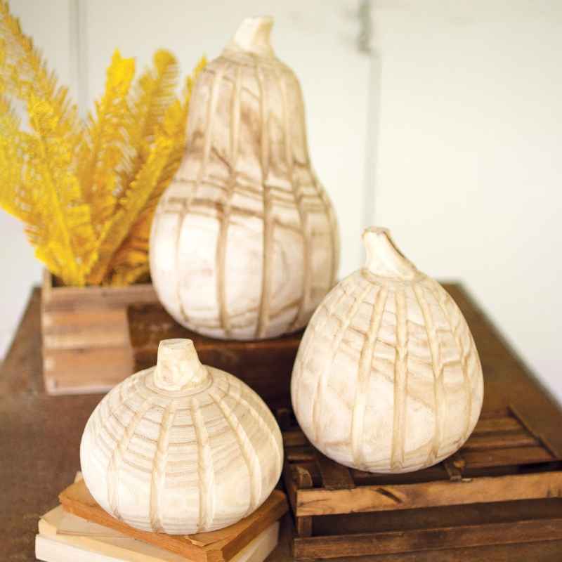 Carved Wood Pumpkins with Natural Finish, Set of 3