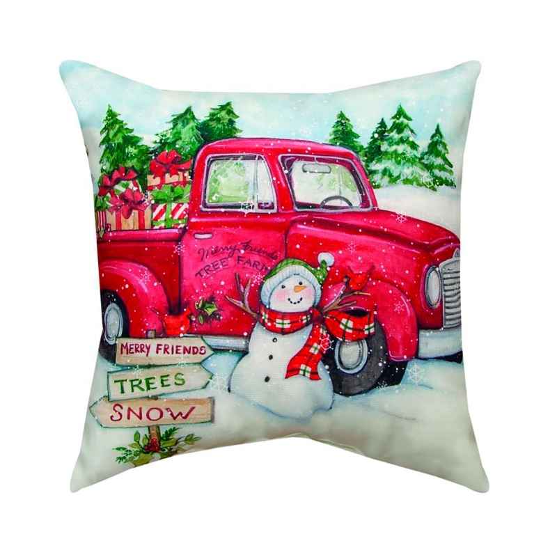 Red Truck and Snowman Holiday Throw Pillow