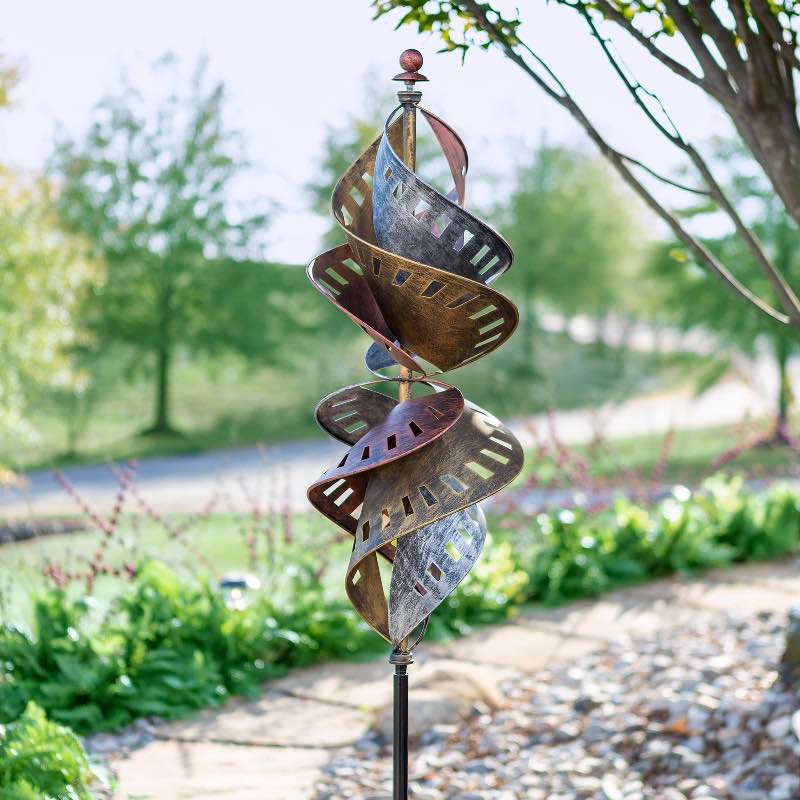 Antiqued Metal Spiral Wind Spinner With Silver Gold and Bronze Finishes