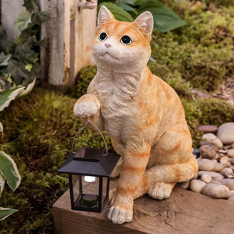 Realistic Resin Cat Sculpture with Solar Powered Lantern