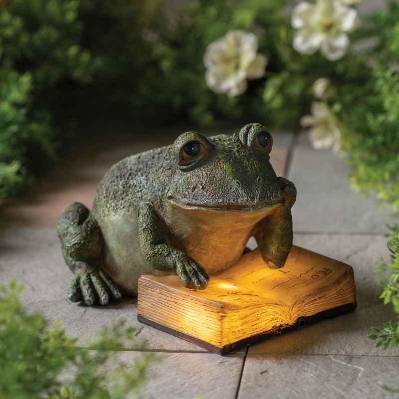 Frog Reading Solar Lighted Book Statue