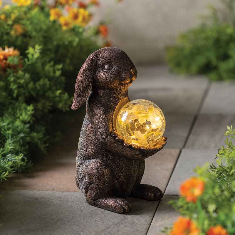 Rabbit Statue Holding Solar Gazing Ball