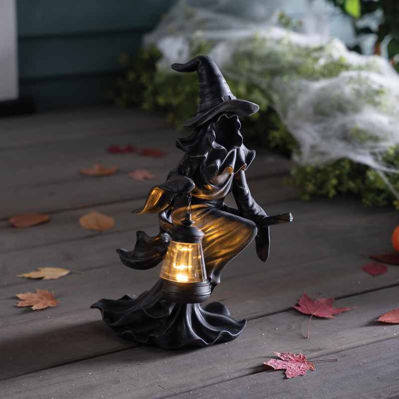 Shrouded Flying Witch Statue with Solar Lantern