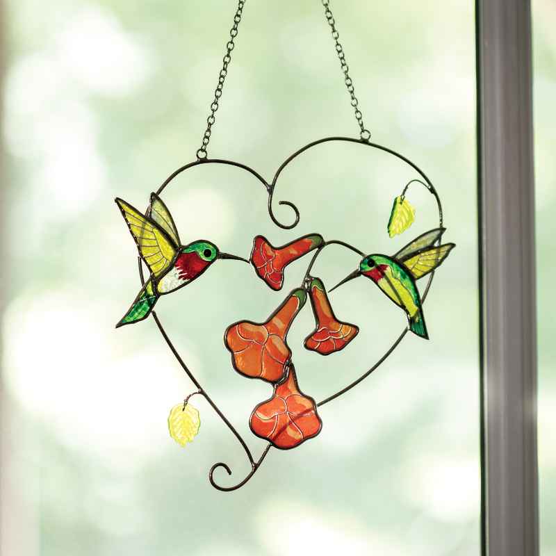 Stained Glass Hummingbirds Floral Heart