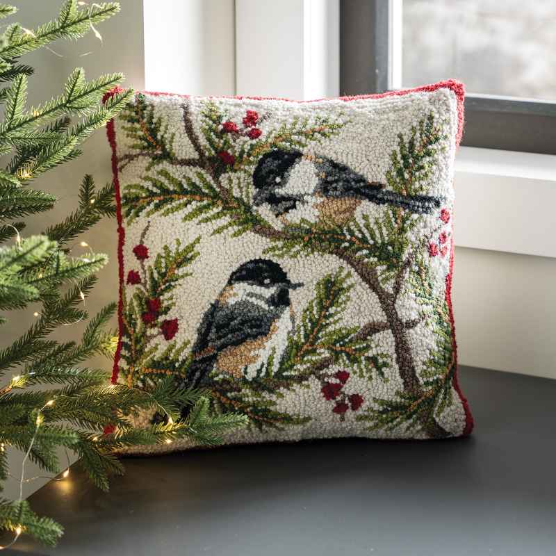 Chickadee Hooked Wool Pillow