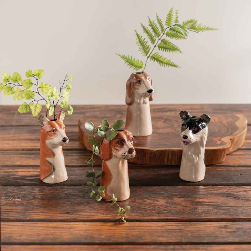 Set of 4 Hand-Painted Stoneware Dog Vases