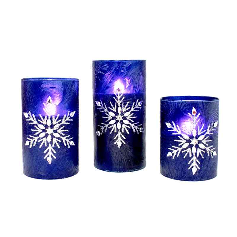 Set of 3 Blue Snowflake Glass LED Candles