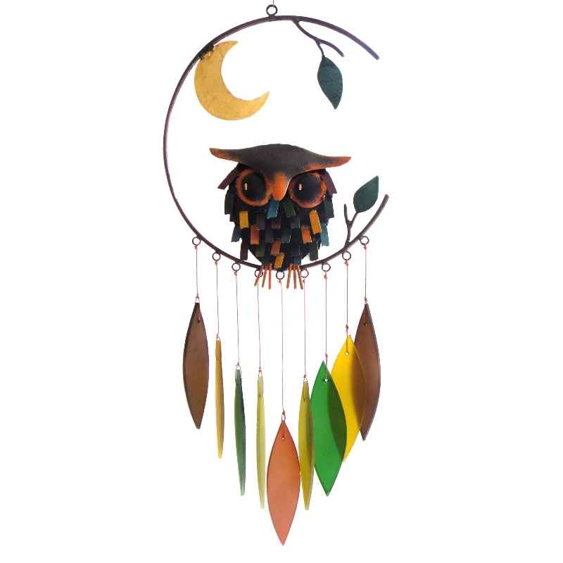 Colorful Metal and Glass Owl with Moon Wind Chime