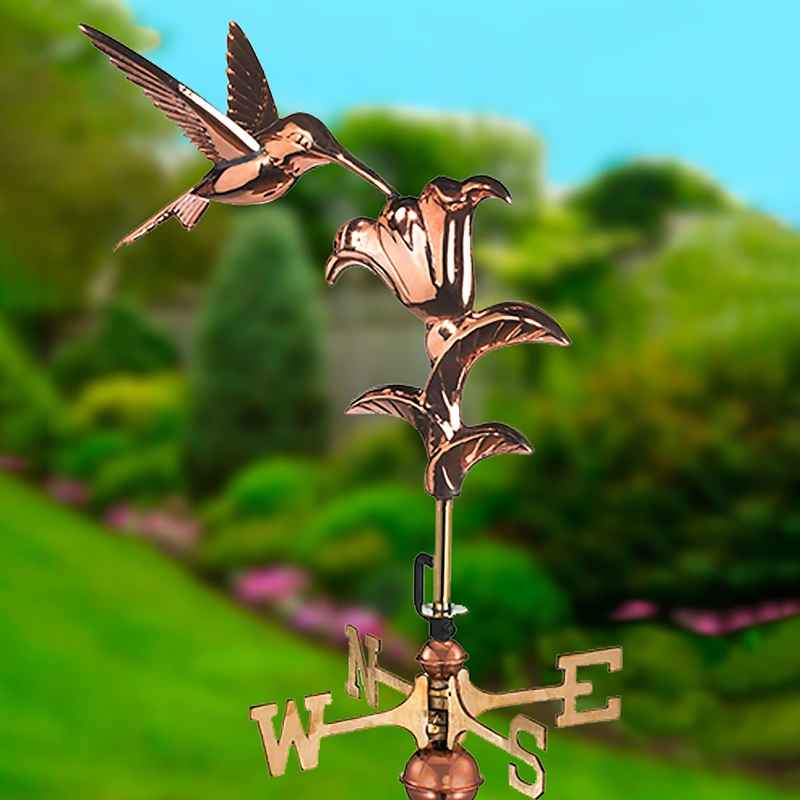 Copper Hummingbird Garden Weathervane with Pole