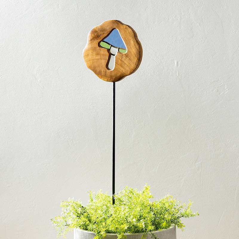 Hand-Carved Teakwood Stained Glass Mushroom Stake