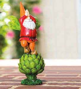 Happy Posing Gnome on Vegetable Garden Statue - Yellow on Mushroom