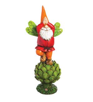 Happy Posing Gnome on Vegetable Garden Statue - Red on Artichoke