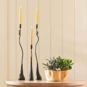 Handcrafted Iron Candle Holders with Metal Rings and Beeswax Candles, Set of 2