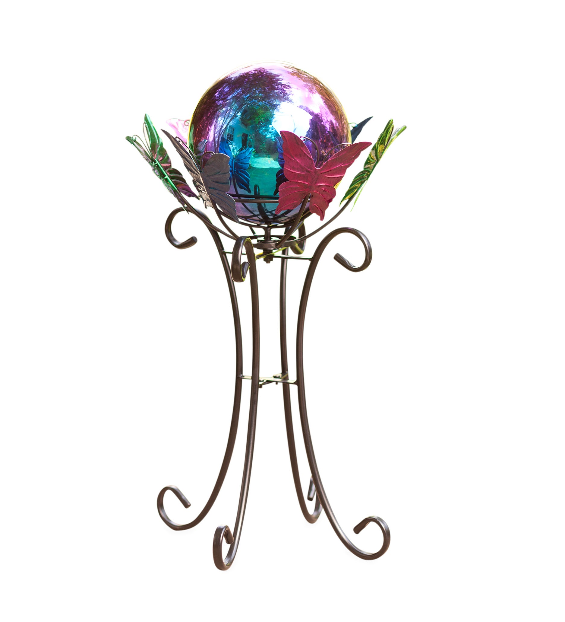 Rainbow Steel Gazing Ball and Spinning Butterfly Stand