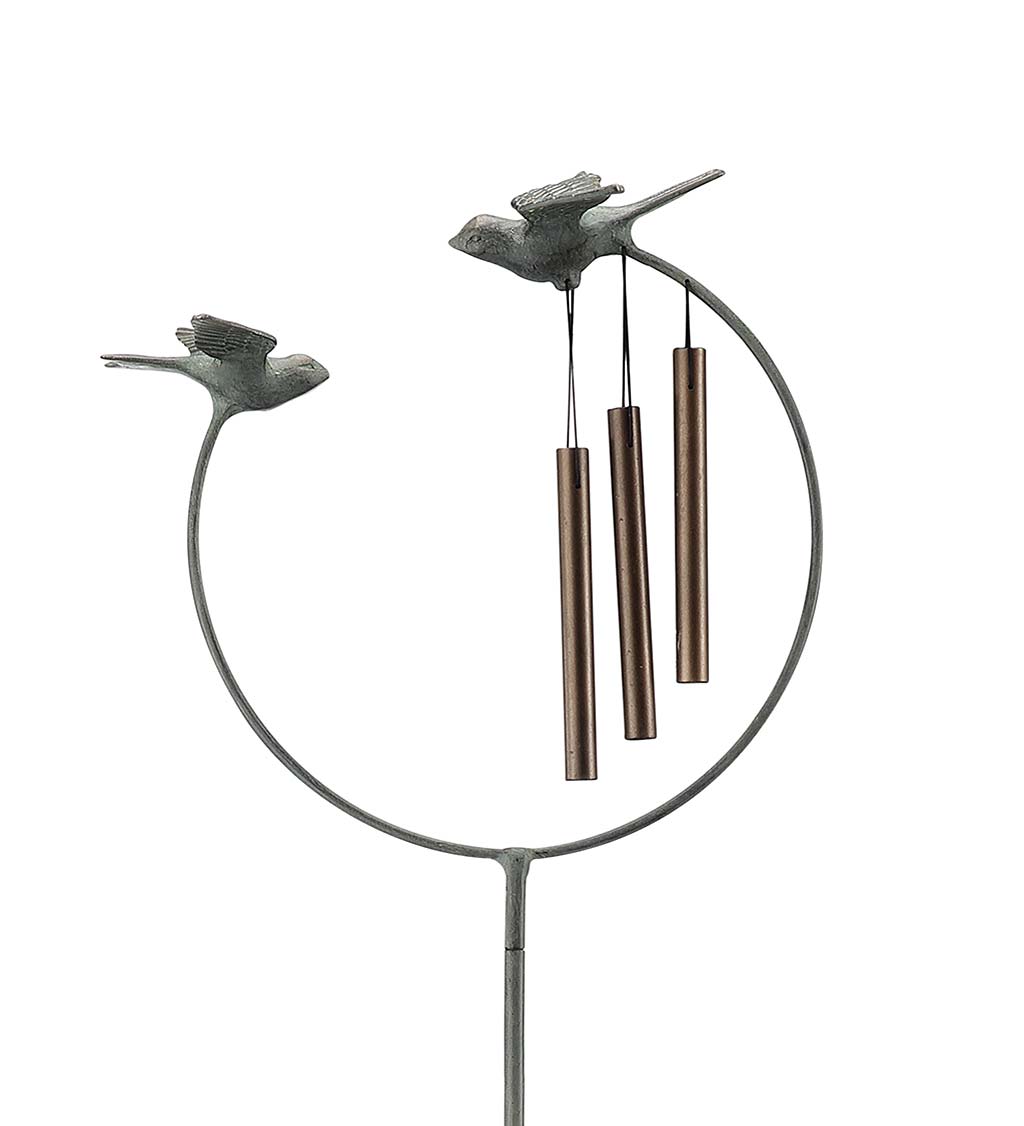 Cast Iron and Aluminum Two Birds Wind Chime Stake with Bronze-Colored and Verdigris Finishes
