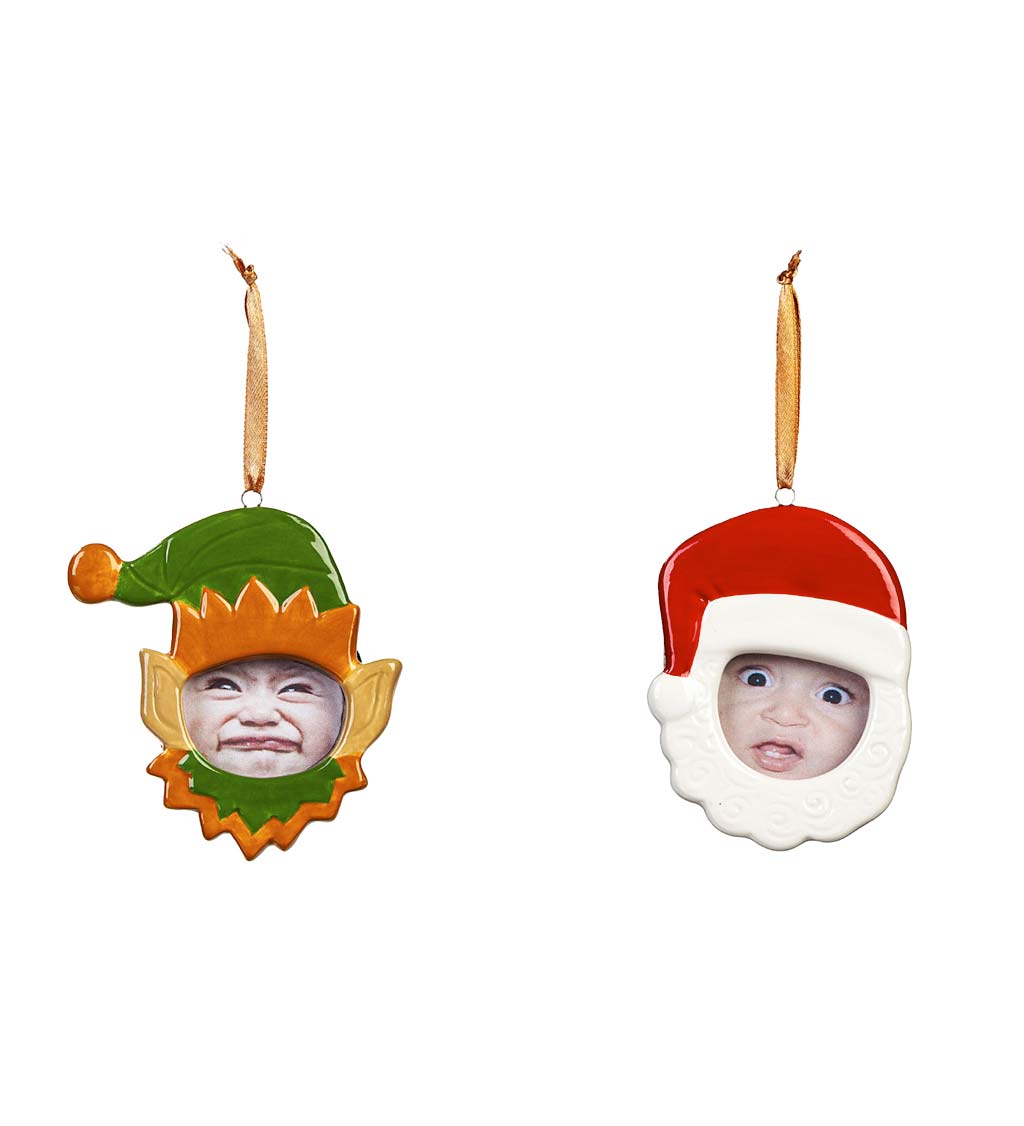 Ceramic Elf and Santa Picture Frame Christmas Tree Ornaments, Set of 2